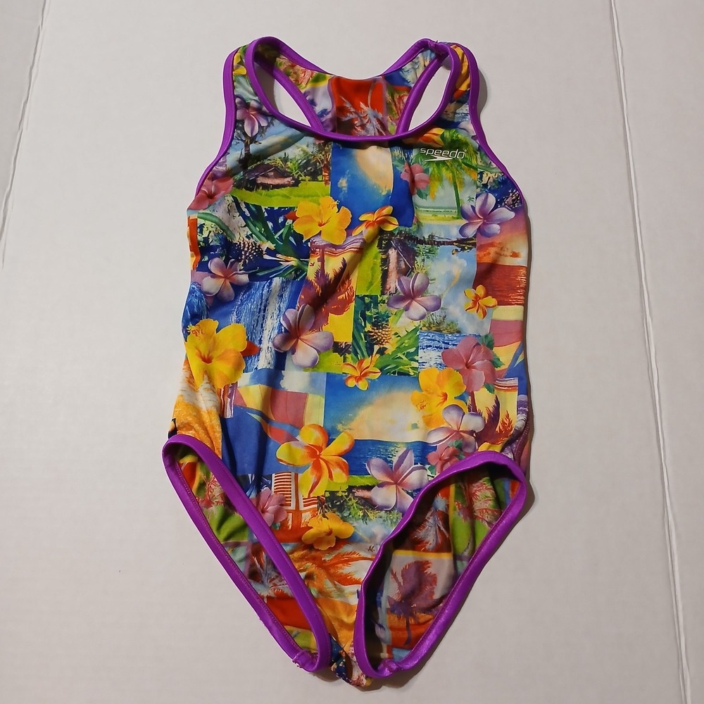 Girls Speedo Swimsuit Size 10 One Piece Tropical Floral Beach Hawaii Swimwear